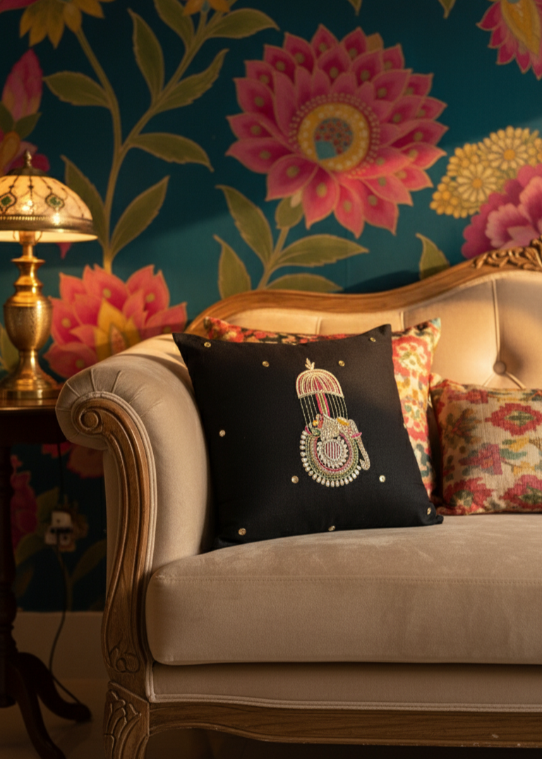 Royal Touch Cushion Cover – Handcrafted Jardo-Jari Embroidery (16x16")