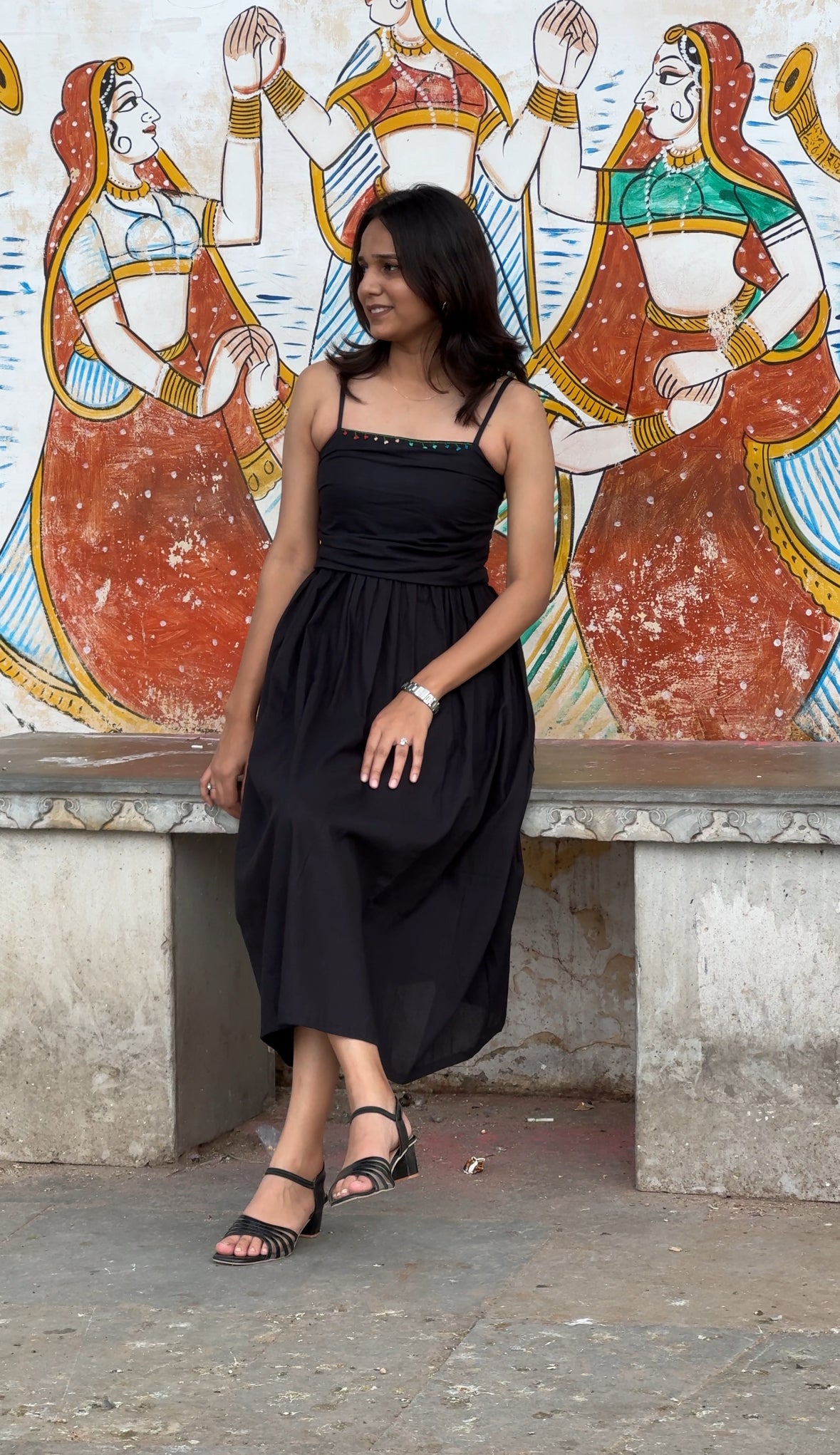 Black Cotton Midi Dress with Hand Embroidered Pocket Detailing – Ahsaas Udaipur Description:
