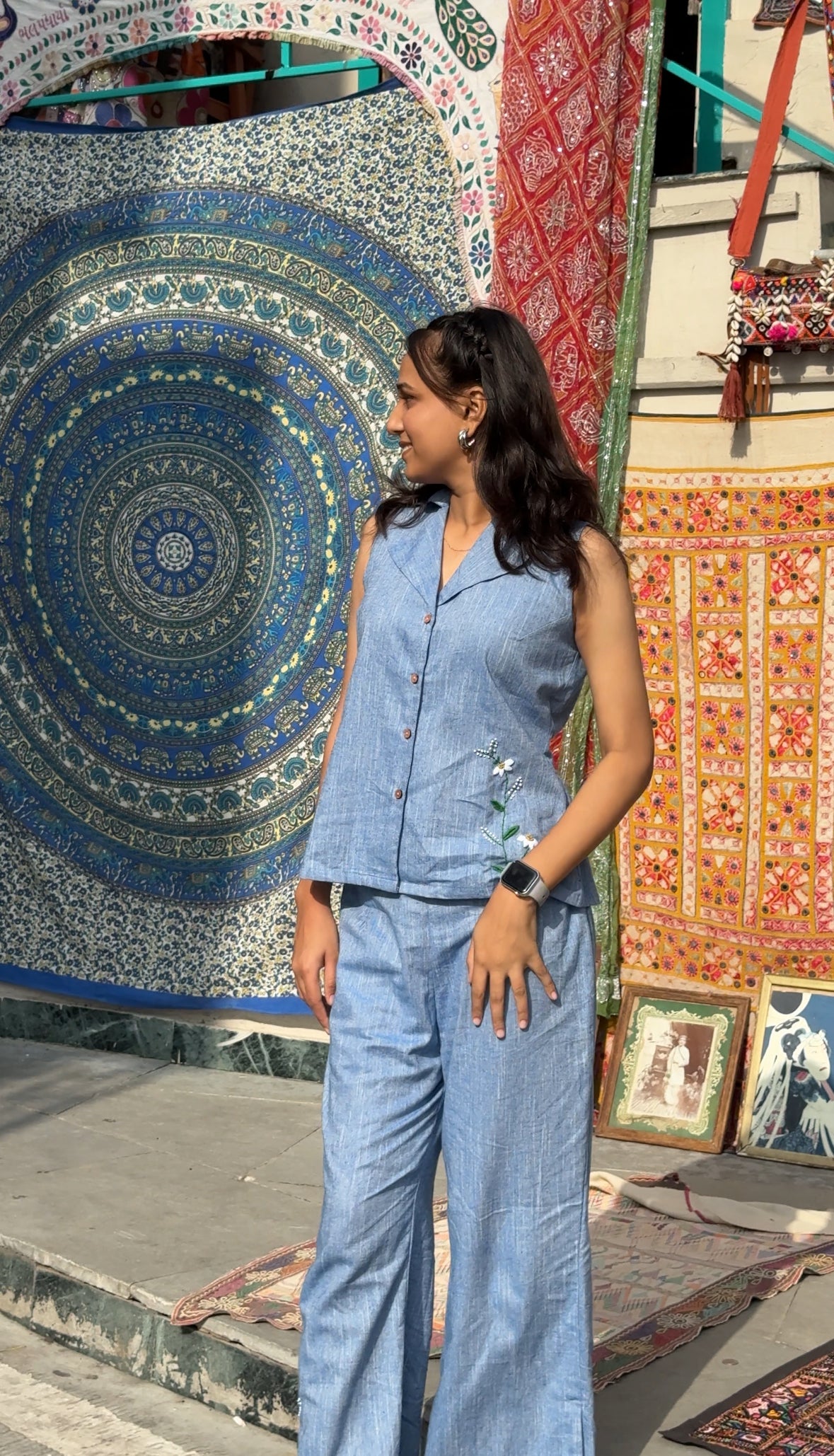 Blue Sleeveless Co-ord Set with Hand-Embroidered Floral Detailing – Ahsaas Udaipur