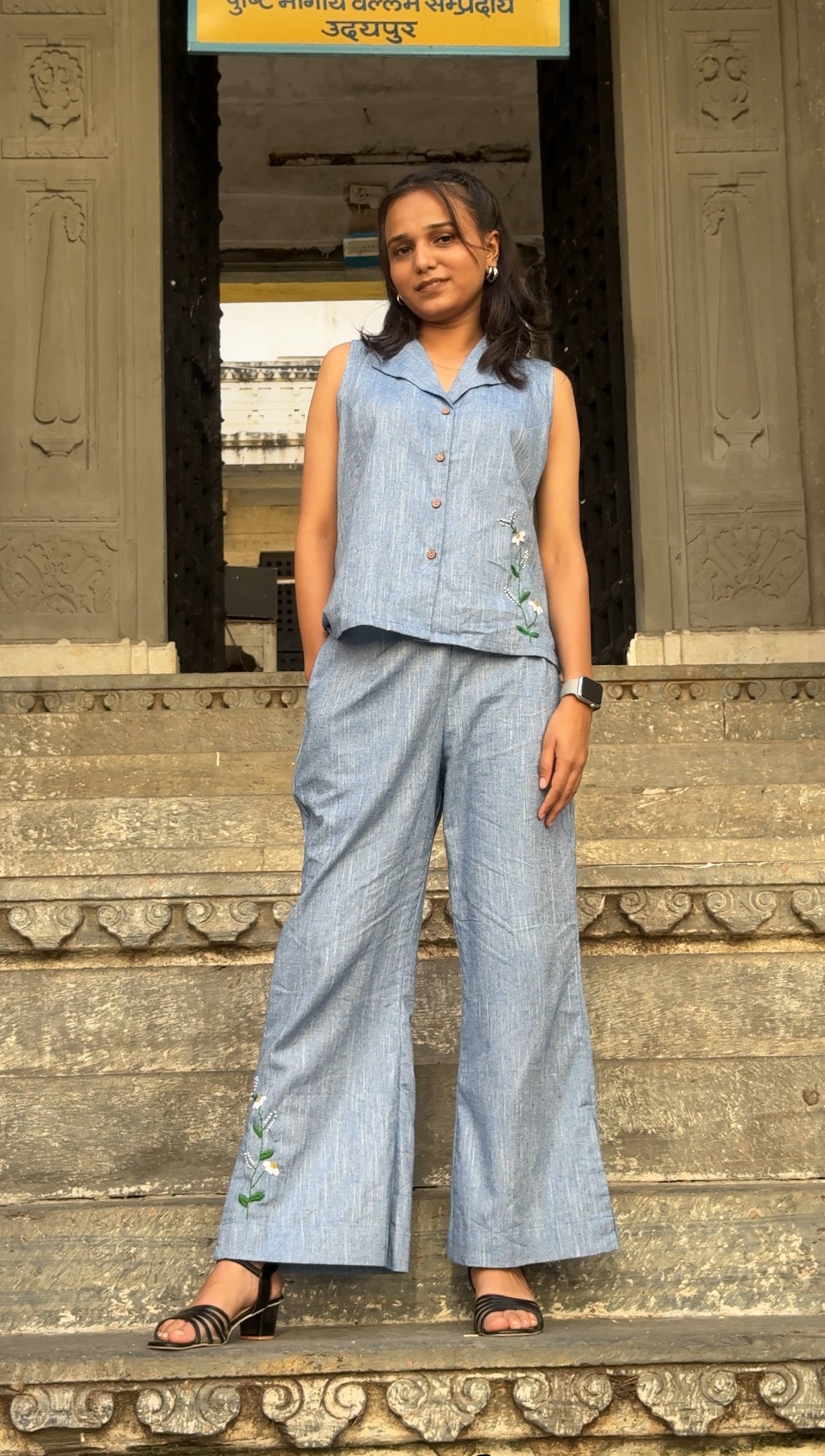 Blue Sleeveless Co-ord Set with Hand-Embroidered Floral Detailing – Ahsaas Udaipur