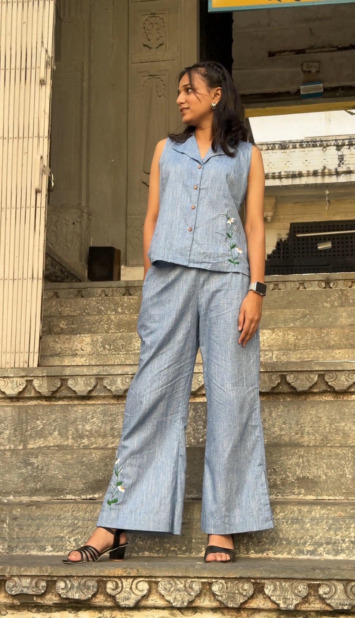 Blue Sleeveless Co-ord Set with Hand-Embroidered Floral Detailing – Ahsaas Udaipur