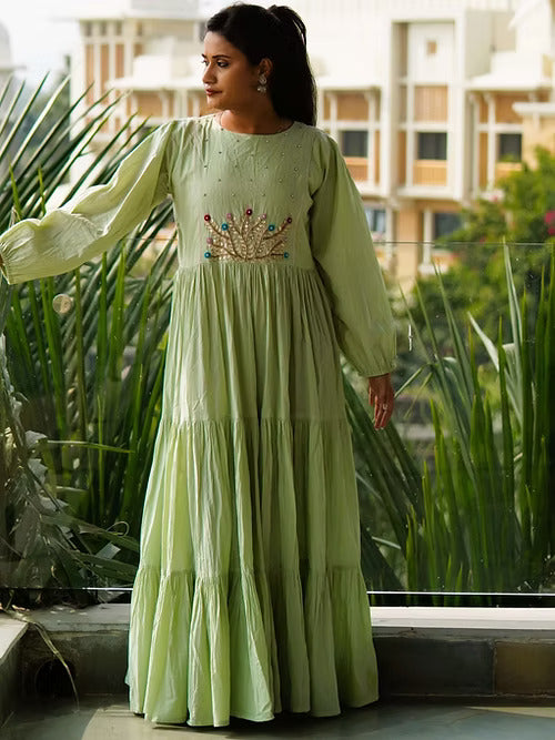 Elegant Pastel Green Tear Maxi Dress, with Hand Embroidery, Gota-Patti – Ahsaas udaipur Elegant Pastel Green Tear Maxi Dress, with Hand Embroidery, Gota-Patti – Ahsaas udaipur