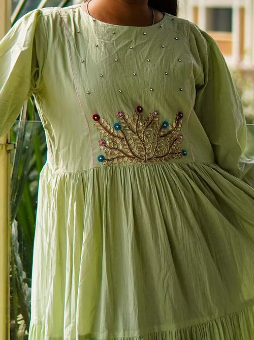 Elegant Pastel Green Tear Maxi Dress, with Hand Embroidery, Gota-Patti Work
