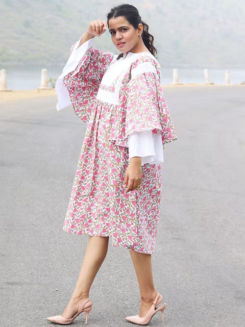 Pink Bold Designer Dress, Handmade with Umbrella Sleeves, Premuim Cotton