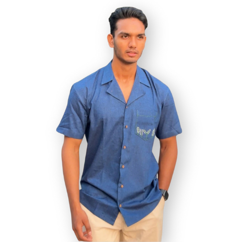 Pure Cotton Blue Shirt – Hand Embroidered Floral Pocket | 100% Natural & Sustainable