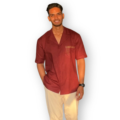 Handcrafted Maroon Lilen Men’s Shirt with Kantha Hand Embroidery | Ahsaas Udaipur