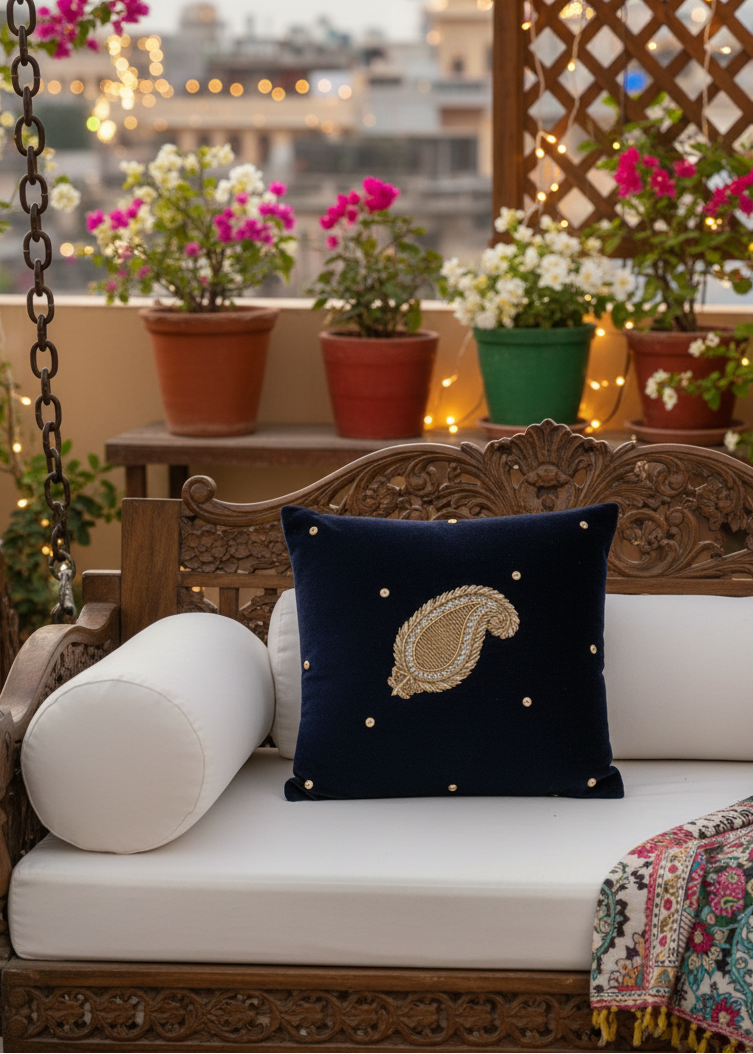 Navy Blue Velvet Cushion Cover – Handcrafted Paisley Design (16x16")