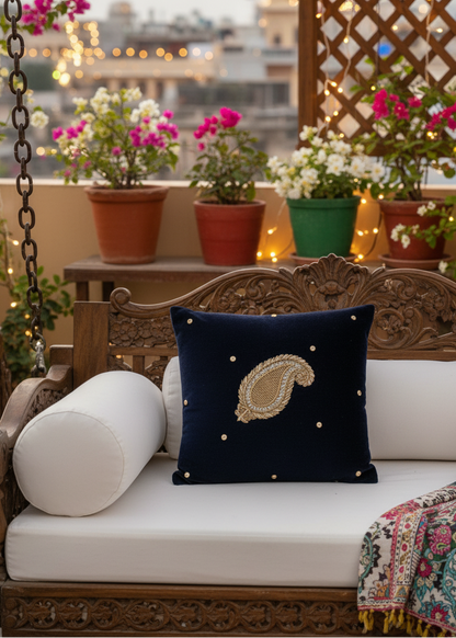Navy Blue Velvet Cushion Cover – Handcrafted Paisley Design (16x16")