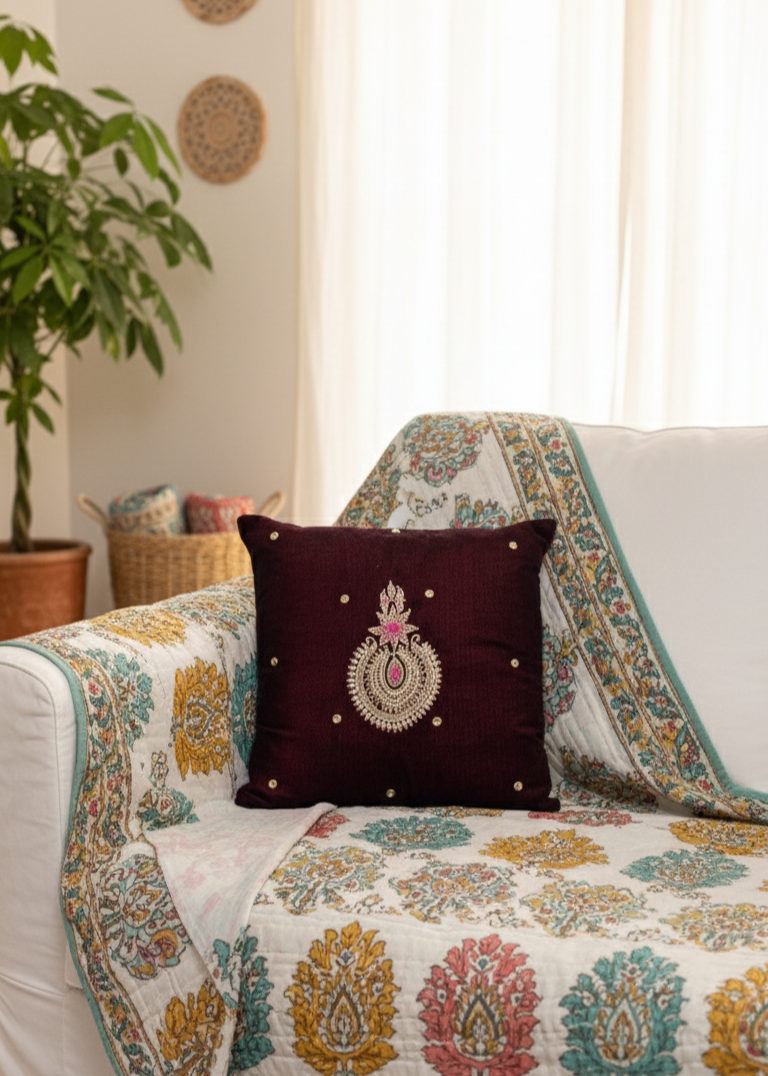 Maroon Velvet Cushion Cover – Handcrafted Jardo-Jari Embroidery (16x16")