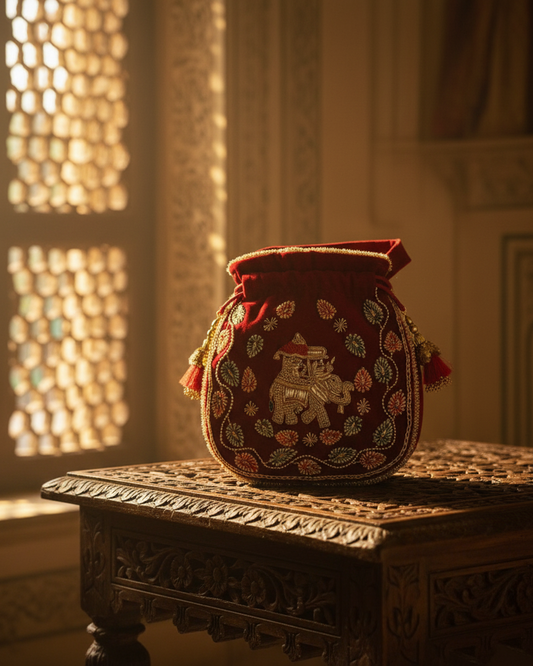 Royal Rajasthani Velvet Potli Bag – Handcrafted Heritage in Every Detail