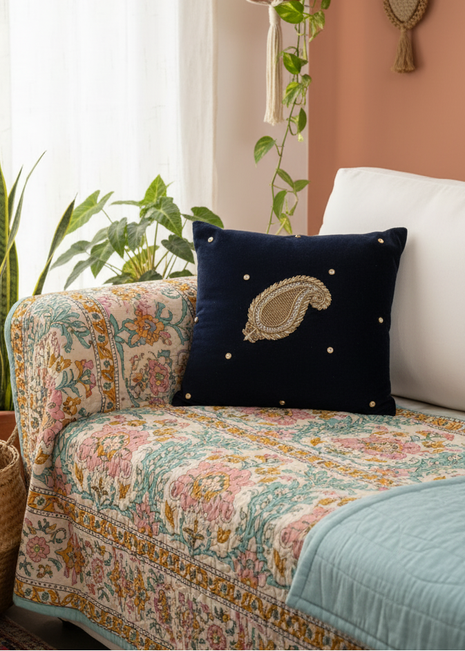 Navy Blue Velvet Cushion Cover – Handcrafted Paisley Design (16x16")