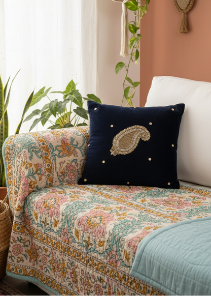 Navy Blue Velvet Cushion Cover – Handcrafted Paisley Design (16x16")