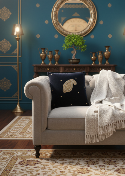 Navy Blue Velvet Cushion Cover – Handcrafted Paisley Design (16x16")