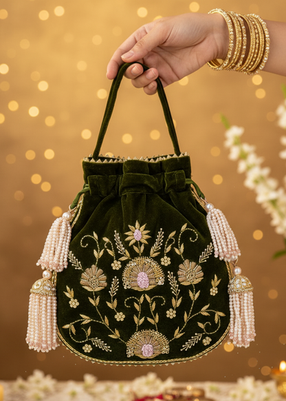 Exquisite Handcrafted Velvet Potli Bag – A Touch of Royal Elegance