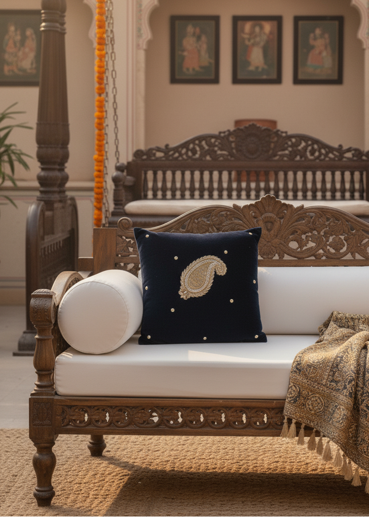 Navy Blue Velvet Cushion Cover – Handcrafted Paisley Design (16x16")