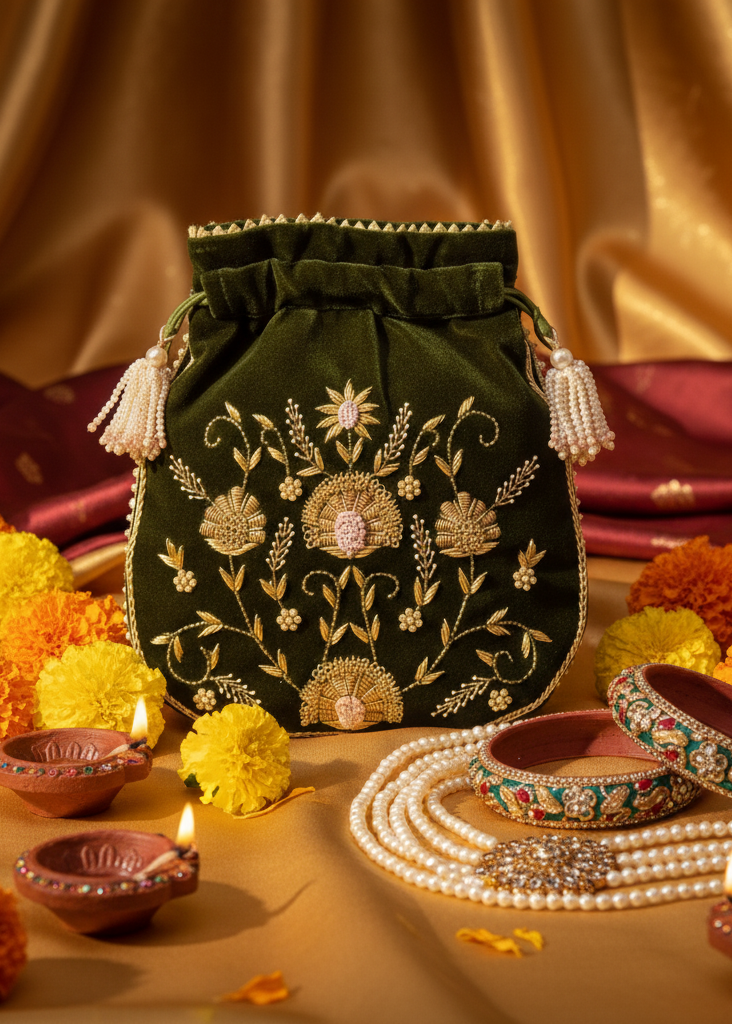 Exquisite Handcrafted Velvet Potli Bag – A Touch of Royal Elegance