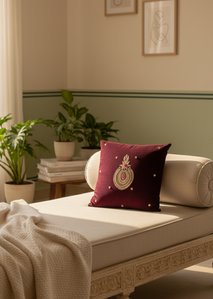 Maroon Velvet Cushion Cover – Handcrafted Jardo-Jari Embroidery (16x16")