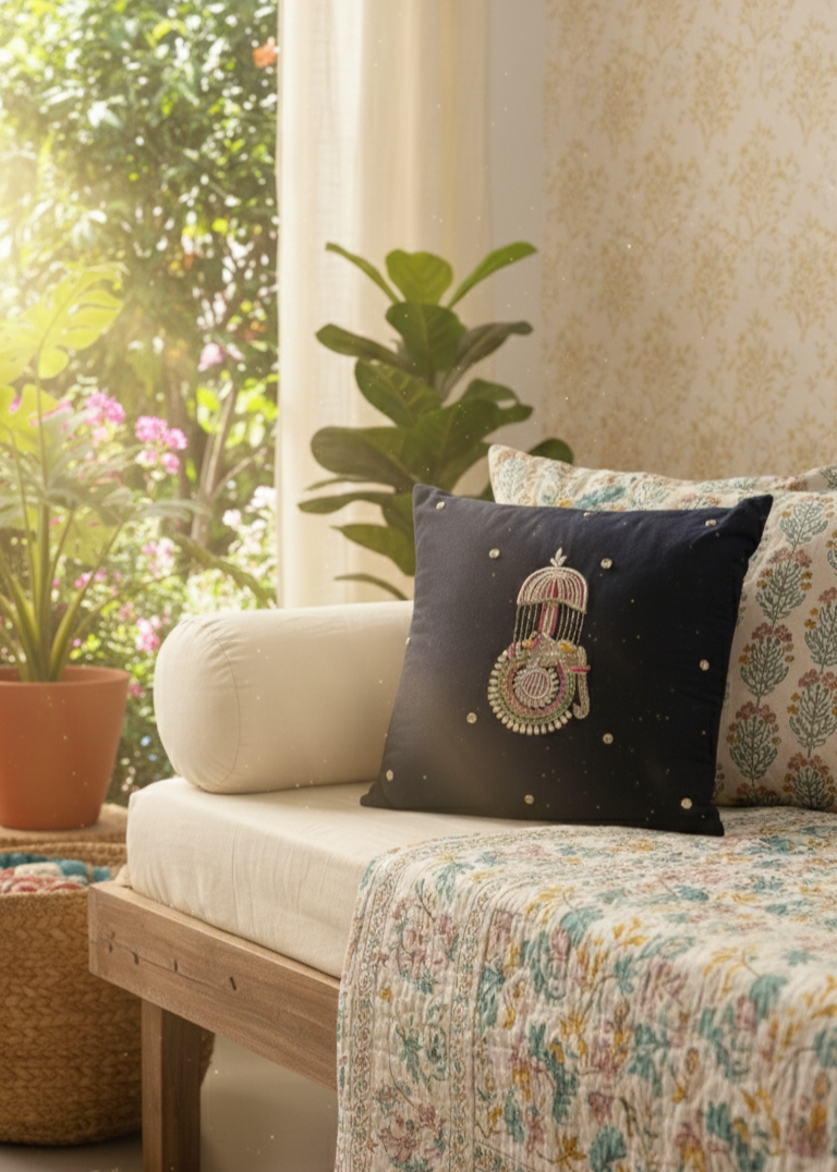 Royal Touch Cushion Cover – Handcrafted Jardo-Jari Embroidery (16x16")