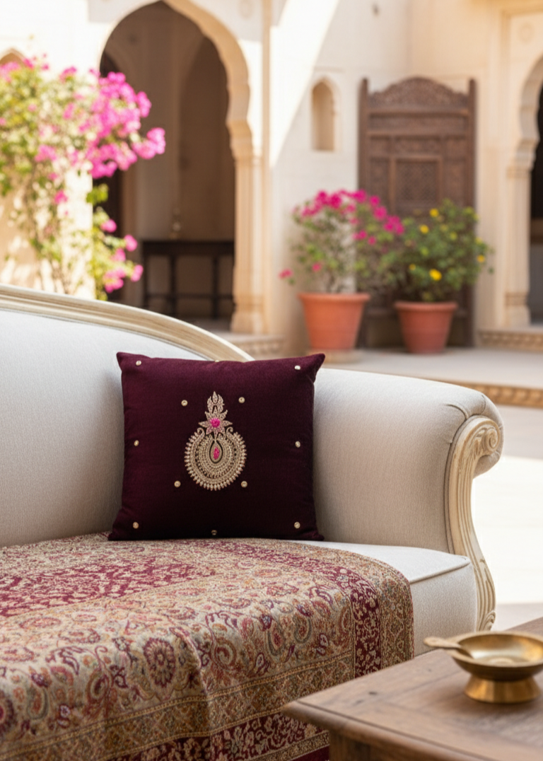 Maroon Velvet Cushion Cover – Handcrafted Jardo-Jari Embroidery (16x16")