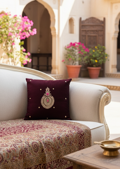 Maroon Velvet Cushion Cover – Handcrafted Jardo-Jari Embroidery (16x16")