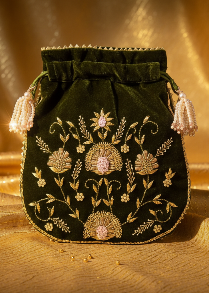 Exquisite Handcrafted Velvet Potli Bag – A Touch of Royal Elegance
