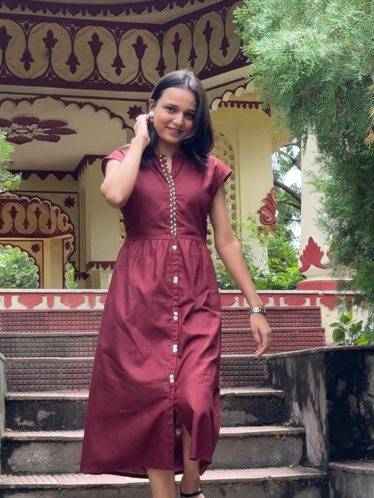 Maroon Cotton Midi Dress with Hand-Embroidered Floral Neckline – Ahsaas Udaipur