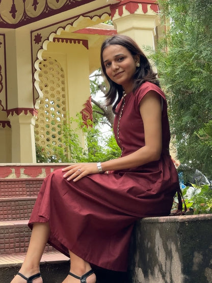 Maroon Cotton Midi Dress with Hand-Embroidered Floral Neckline – Ahsaas Udaipur