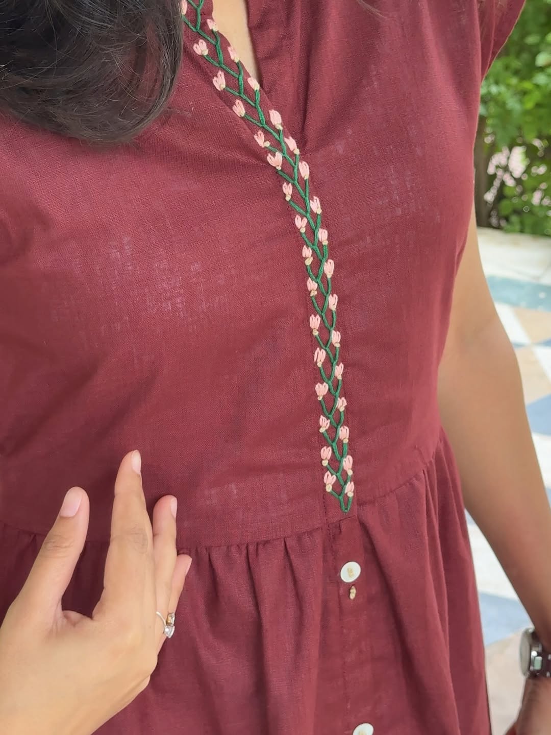 Maroon Cotton Midi Dress with Hand-Embroidered Floral Neckline – Ahsaas Udaipur