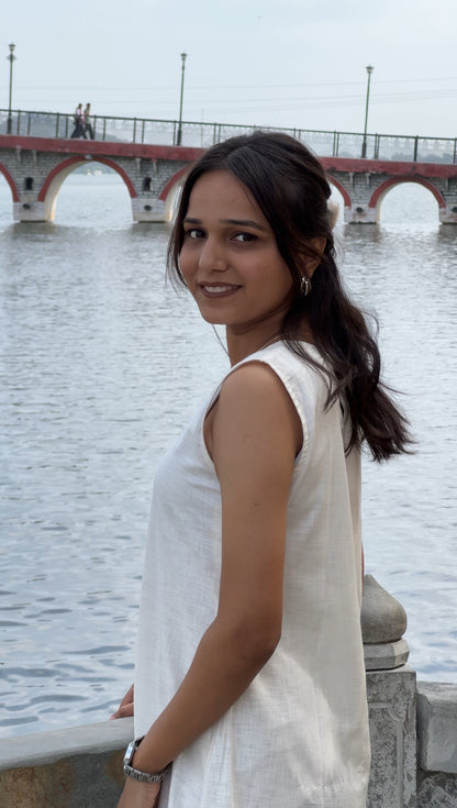 White Cotton Sleeveless Kurti/Dress with Hand-Embroidered Dragonfly Motifs – Ahsaas Udaipur