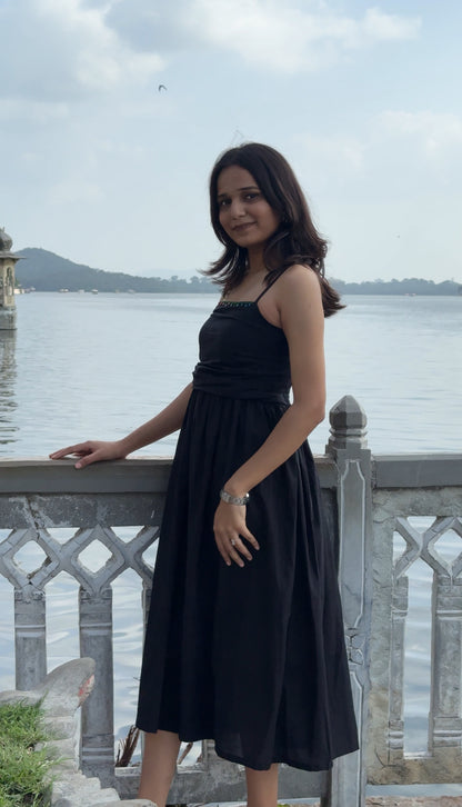 Black Cotton Midi Dress with Hand Embroidered Pocket Detailing – Ahsaas Udaipur  Description: