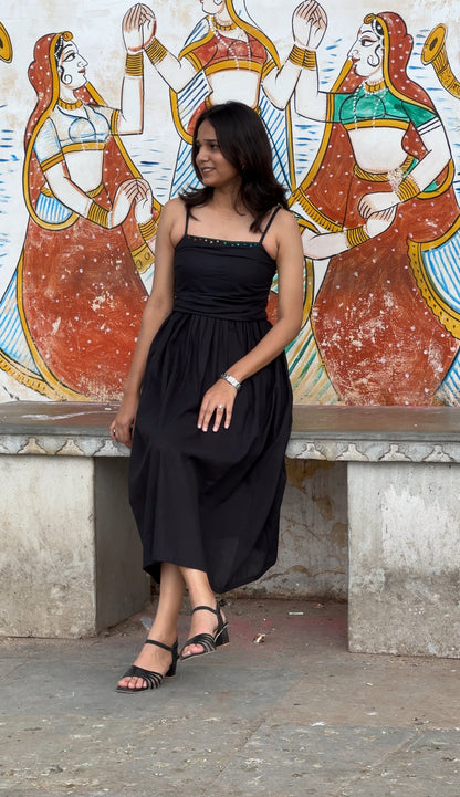 Black Cotton Midi Dress with Hand Embroidered Pocket Detailing – Ahsaas Udaipur  Description: