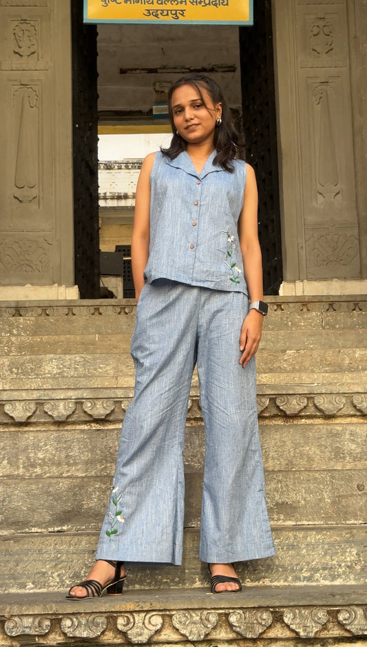 Blue Sleeveless Co-ord Set with Hand-Embroidered Floral Detailing – Ahsaas Udaipur