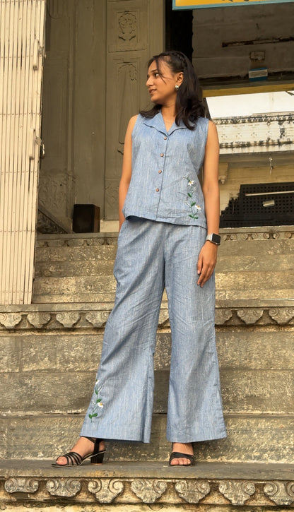 Blue Sleeveless Co-ord Set with Hand-Embroidered Floral Detailing – Ahsaas Udaipur