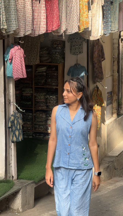 Blue Sleeveless Co-ord Set with Hand-Embroidered Floral Detailing – Ahsaas Udaipur