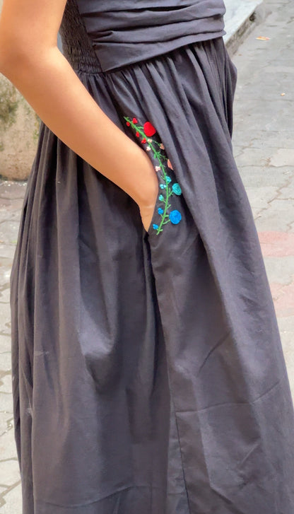 Black Cotton Midi Dress with Hand Embroidered Pocket Detailing – Ahsaas Udaipur  Description: