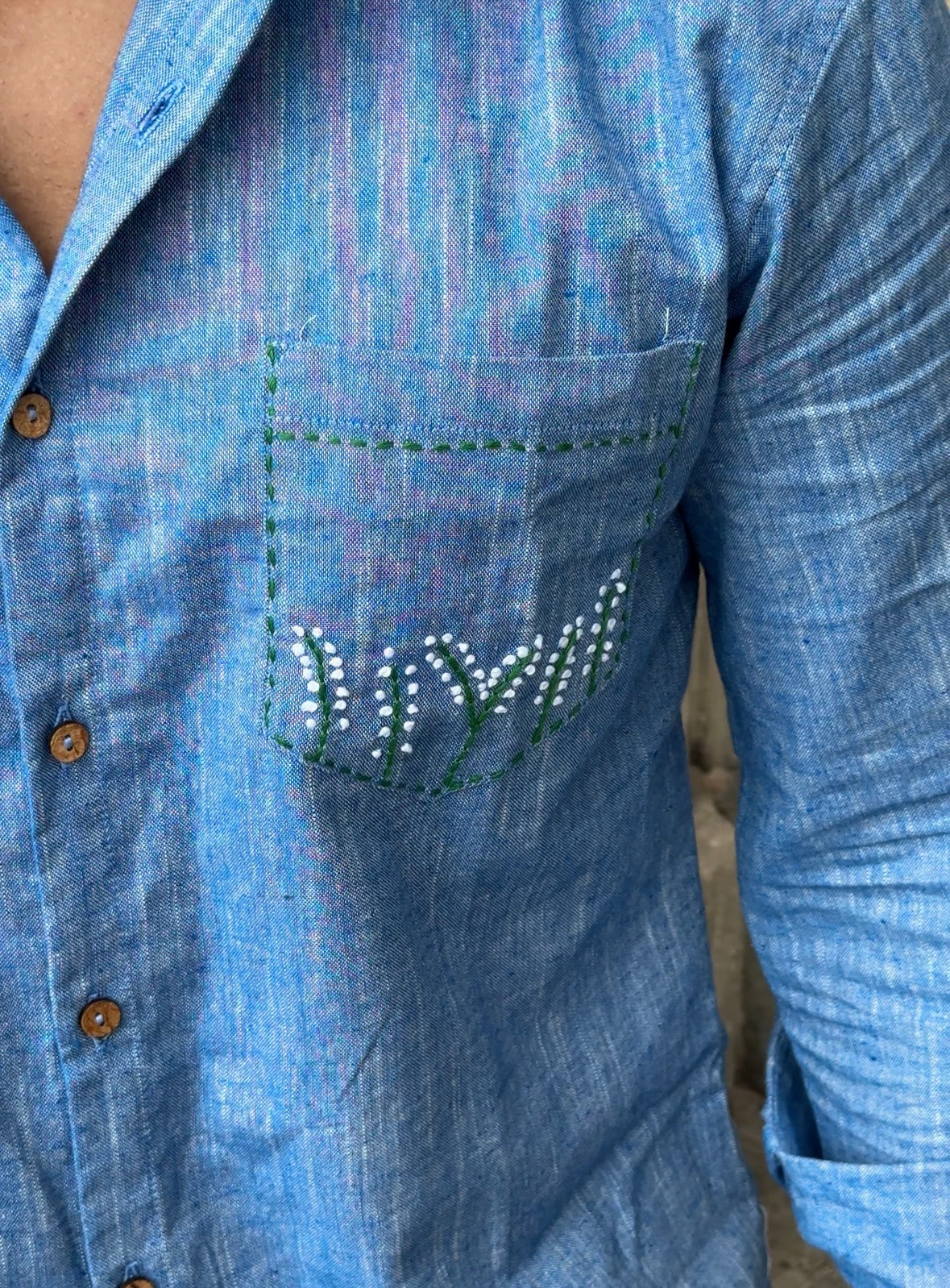 Sky Blue Hand-Embroidered Cotton-Linen Shirt