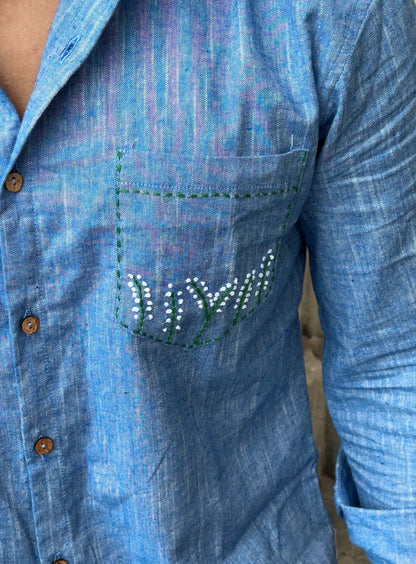 Sky Blue Hand-Embroidered Cotton-Linen Shirt