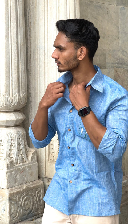 Sky Blue Hand-Embroidered Cotton-Linen Shirt