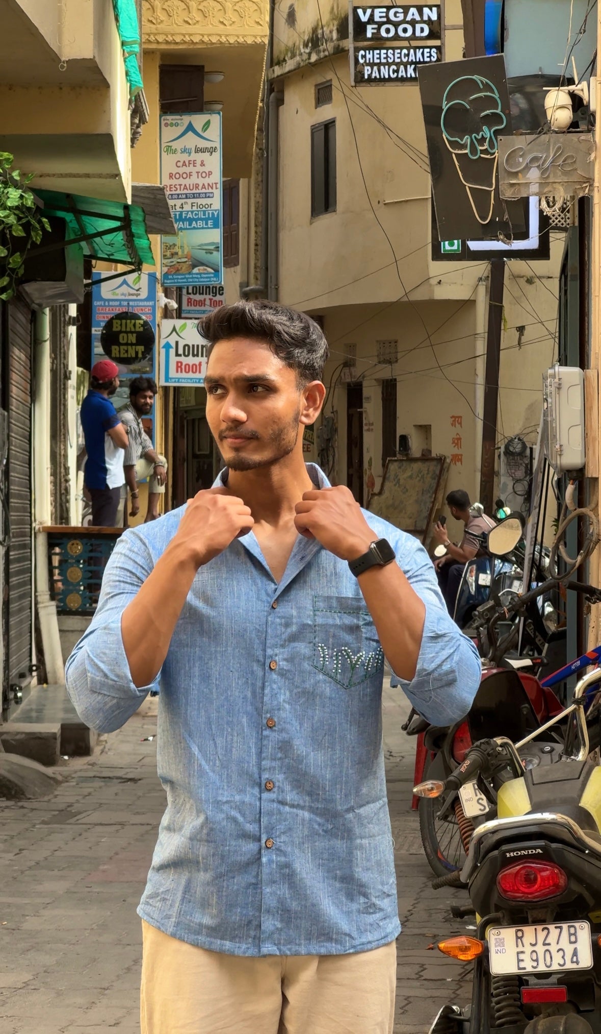 Sky Blue Hand-Embroidered Cotton-Linen Shirt