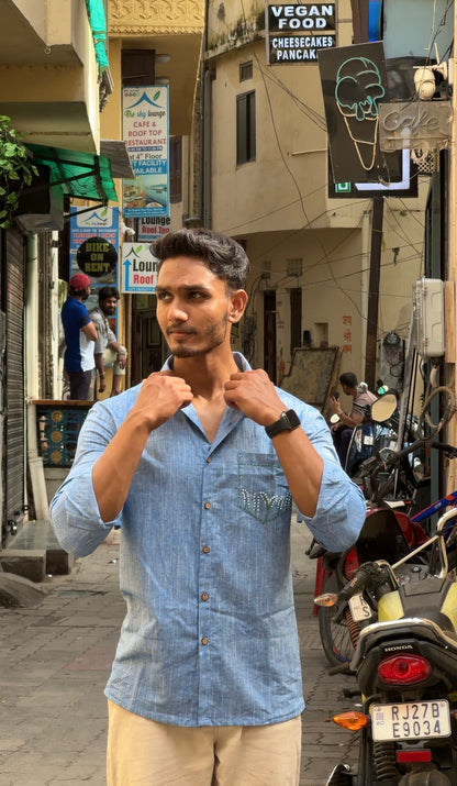 Sky Blue Hand-Embroidered Cotton-Linen Shirt