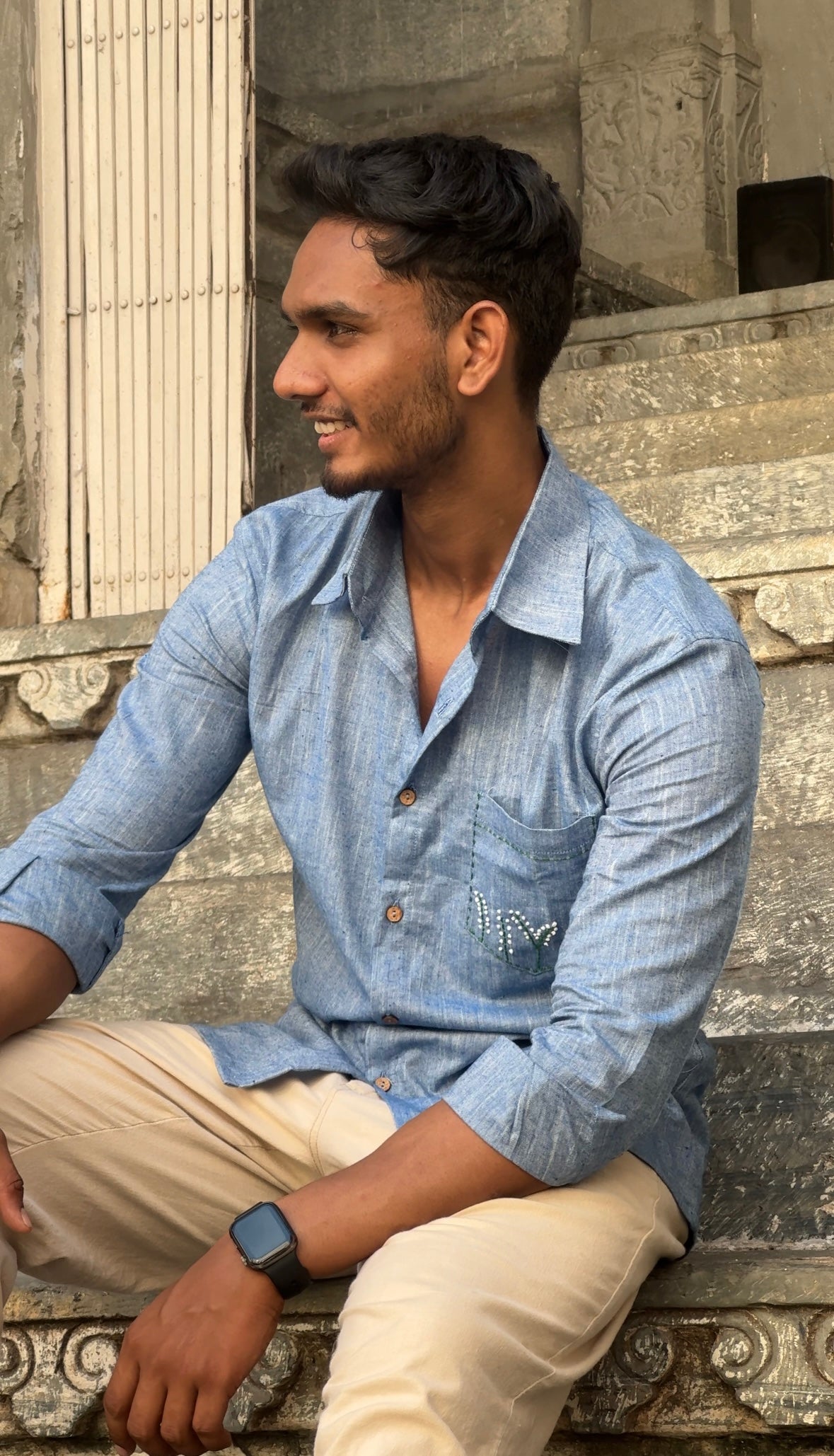 Sky Blue Hand-Embroidered Cotton-Linen Shirt