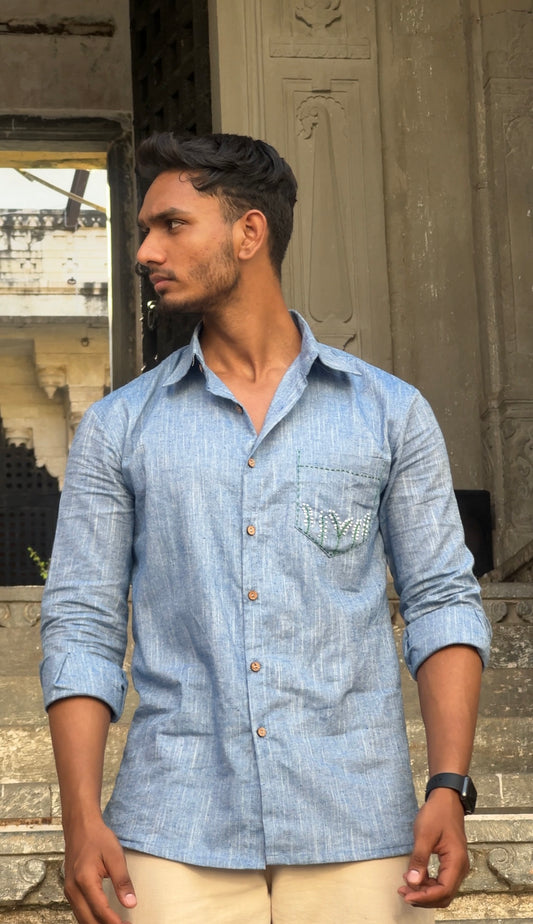 Sky Blue Hand-Embroidered Cotton-Linen Shirt