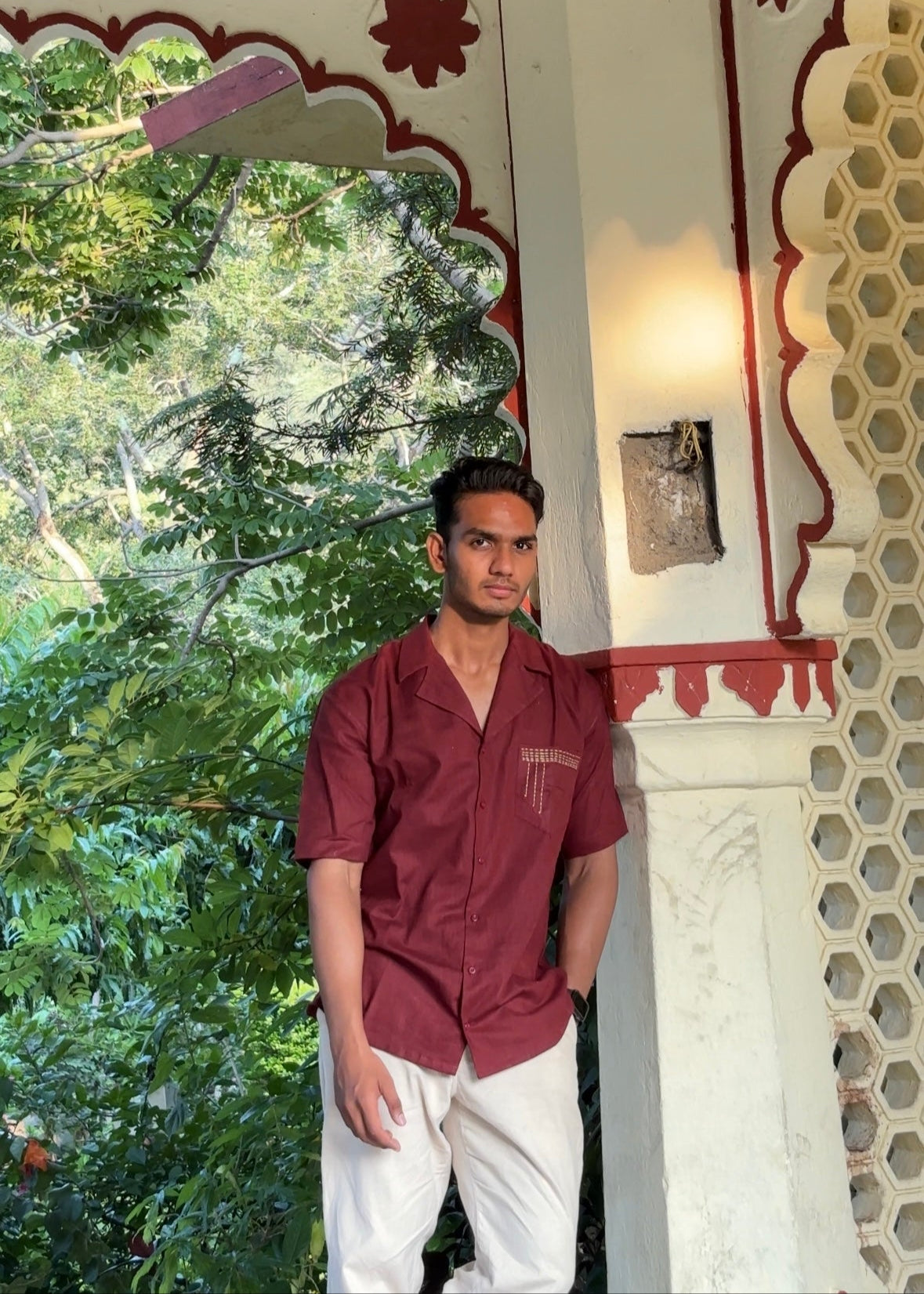 Handcrafted Maroon Lilen Men’s Shirt with Kantha Hand Embroidery | Ahsaas Udaipur
