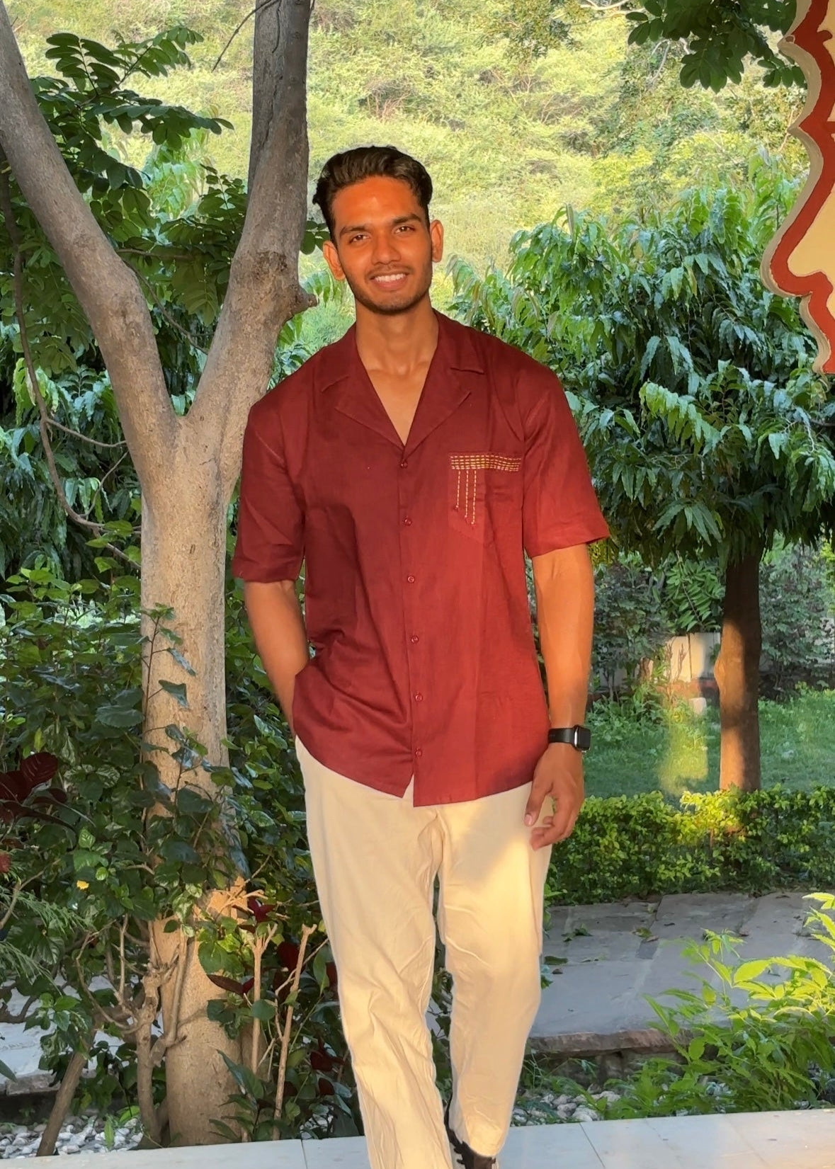 Handcrafted Maroon Lilen Men’s Shirt with Kantha Hand Embroidery | Ahsaas Udaipur