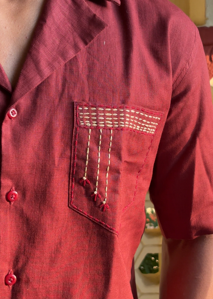 Handcrafted Maroon Lilen Men’s Shirt with Kantha Hand Embroidery | Ahsaas Udaipur