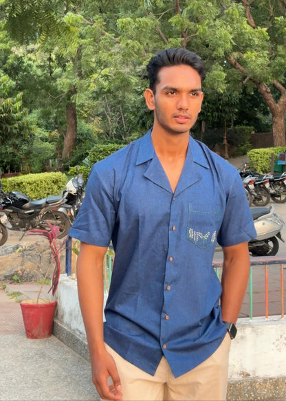 Pure Cotton Blue Shirt – Hand Embroidered Floral Pocket | 100% Natural & Sustainable