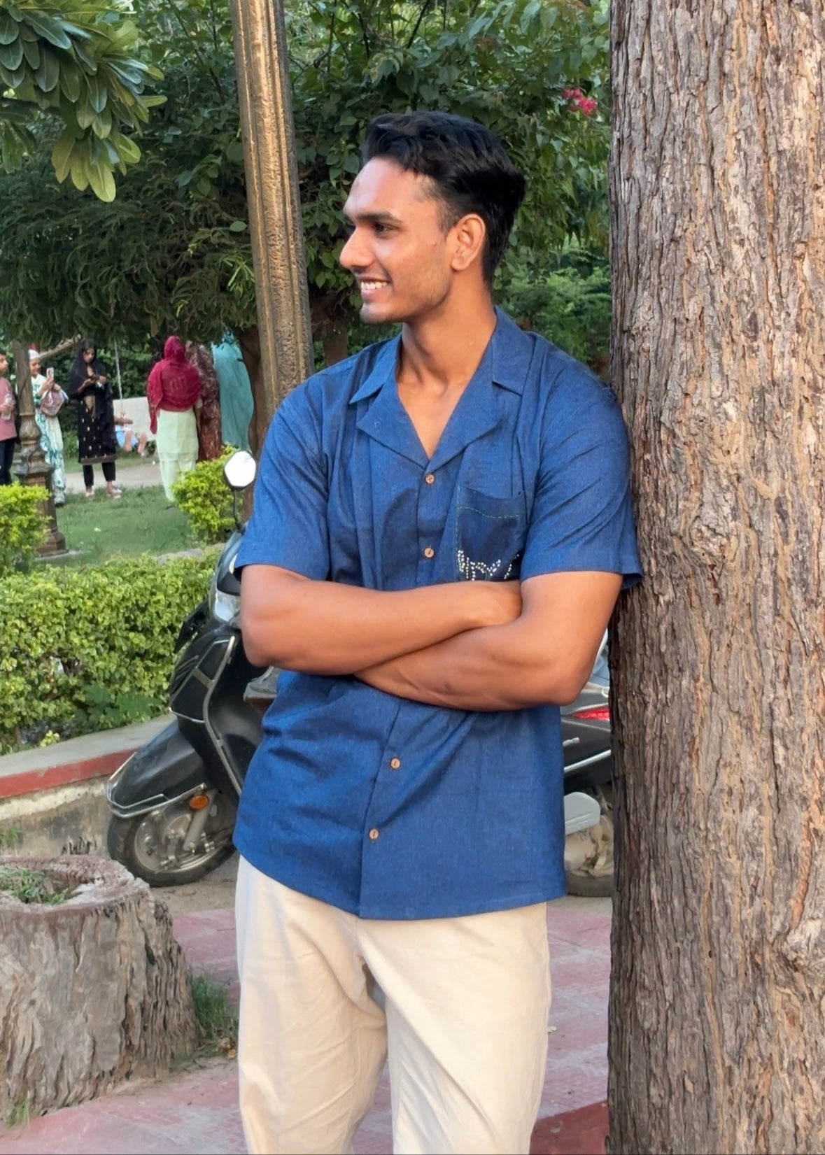 Pure Cotton Blue Shirt – Hand Embroidered Floral Pocket | 100% Natural & Sustainable