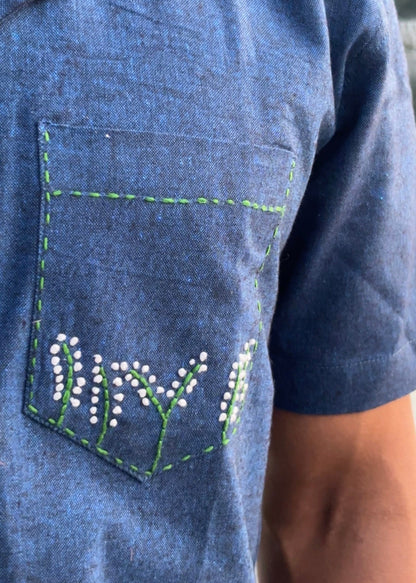 Pure Cotton Blue Shirt – Hand Embroidered Floral Pocket | 100% Natural & Sustainable