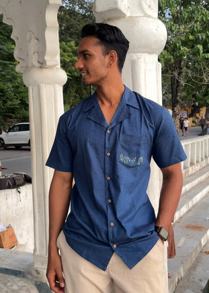 Pure Cotton Blue Shirt – Hand Embroidered Floral Pocket | 100% Natural & Sustainable