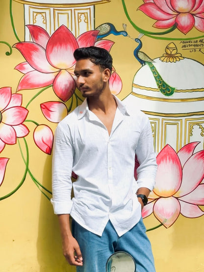 White Hand-Embroidered Cotton Shirt – Minimal Elegance by Ahsaas Udaipur